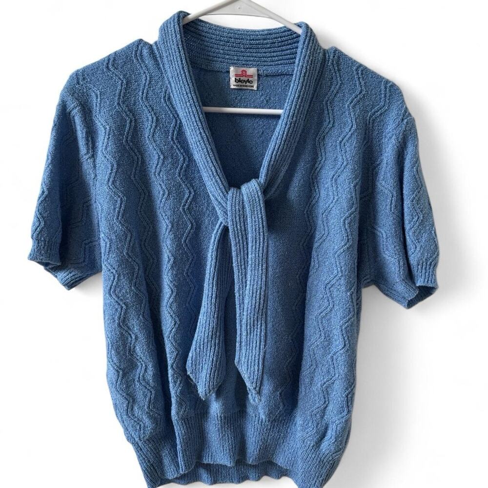 Vintage Bleyze Blue Knit Sweater Tie Neck Short Sleeve XL Retro 90s Preppy Top